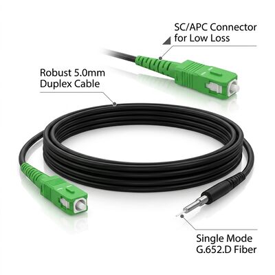 Simplex SC/APC Cordón de parche de fibra óptica de modo único G657A2 OS2 9/125um 5.0mm FTTH Cables para interiores